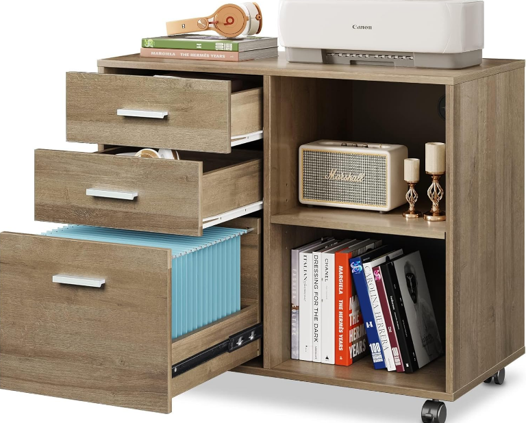 Three-drawer wood file cabinet in a stylish design