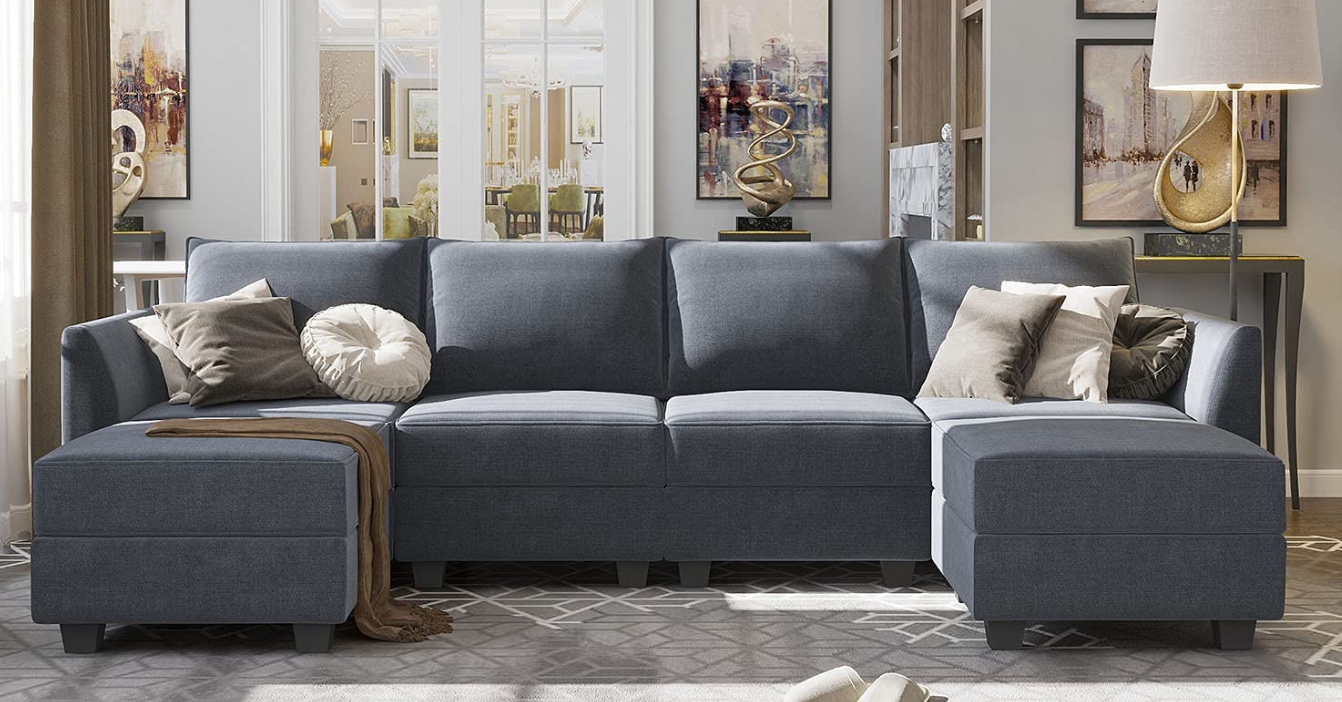 Stone & Beam Lauren Down-Filled Oversized Chaise Sofa in a cozy living room setting