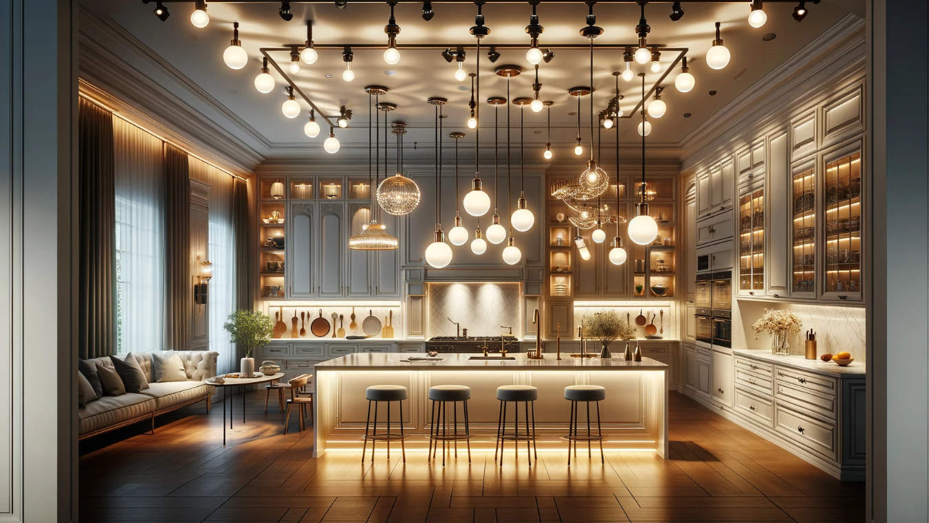 Best Kitchen Lighting: A modern pendant light fixture illuminating a stylish kitchen with marble countertops and stainless steel appliances