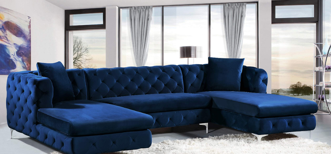 Meridian Furniture 655Navy-Sectional 3 Piece Gail Collection Modern | Contemporary Velvet Upholstered Sectional in Navy Blue