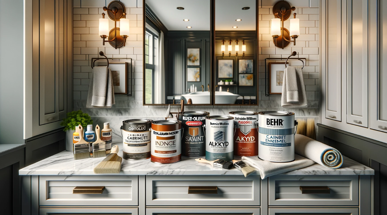 Best paint for bathroom cabinets - a variety of high-quality paint cans for refinishing bathroom cabinets