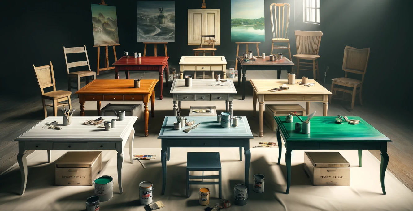 Best paint for dining table - a variety of paint cans and brushes on a wooden table