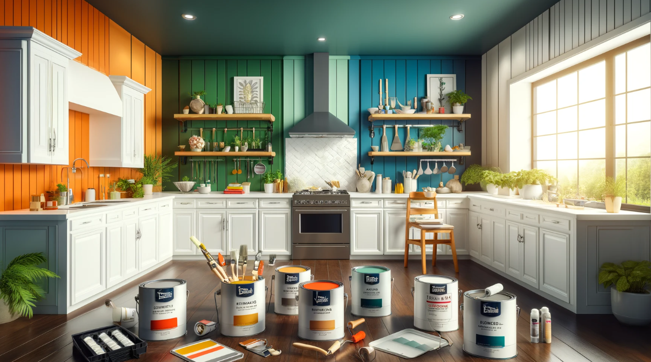 Best paint for kitchen walls - a variety of paint cans in different colors and brands