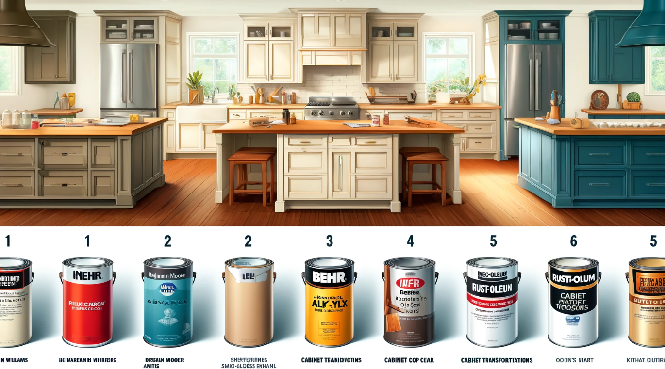 Best paint to use for kitchen cabinets - a variety of paint cans and brushes on a countertop