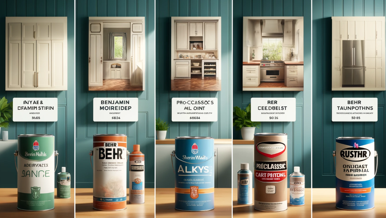 Best paint to use on cabinets - a variety of paint cans and brushes displayed on a table