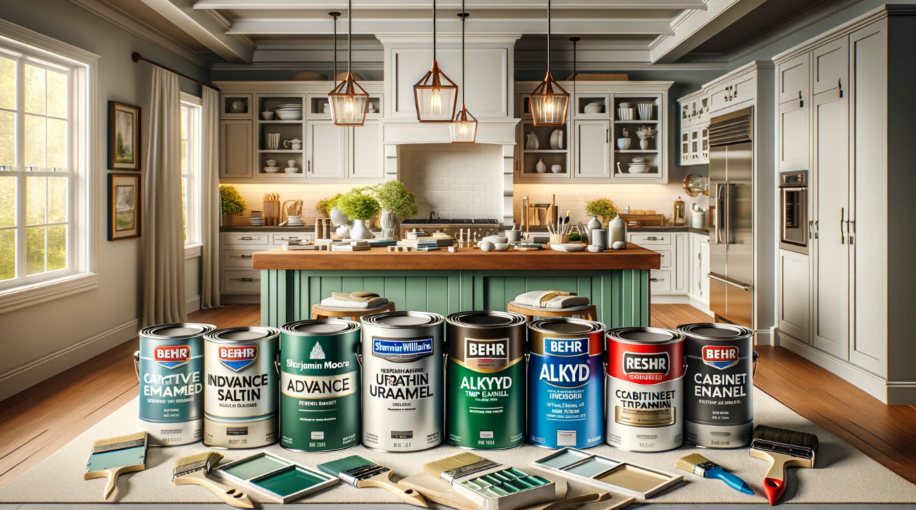Best paint to use on kitchen cabinets - a variety of paint cans and brushes on a countertop