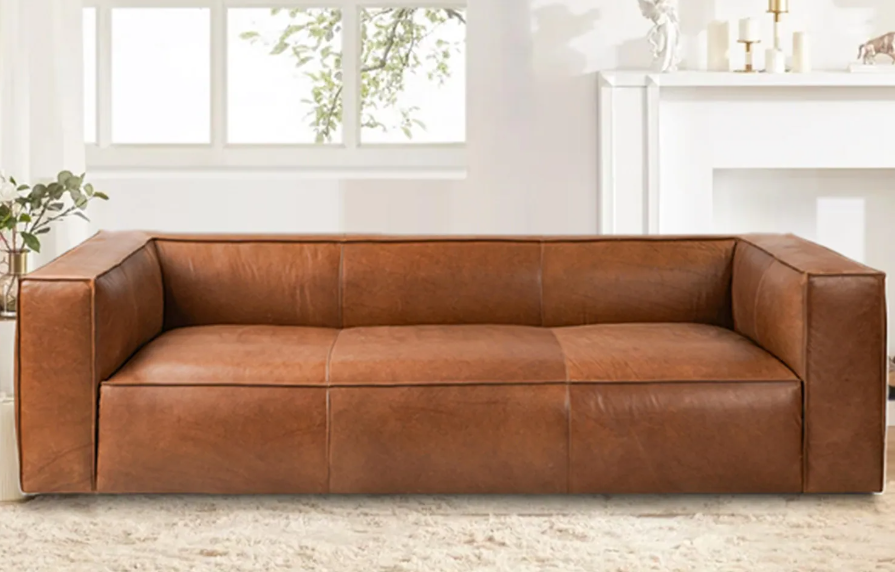 SameAniline Leather Sofa in rich brown color with tufted detailing and sleek design