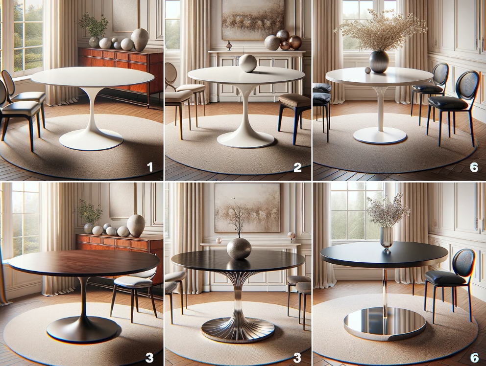 Round dining table with a sleek and modern design, perfect for gathering around with friends and family