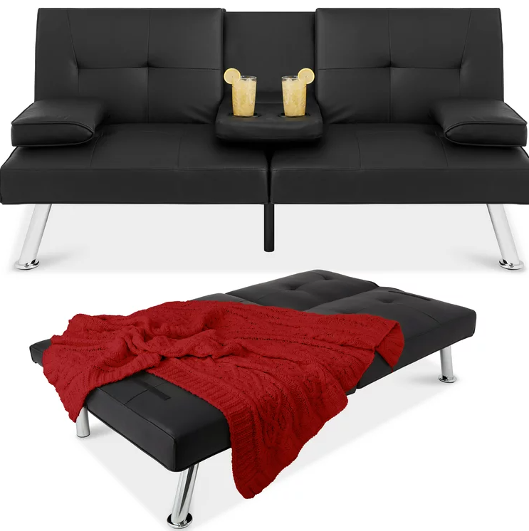 Image of Best Choice Products Faux Leather Convertible Futon Sofa Bed - A versatile and stylish piece of furniture that can be easily converted from a sofa to a bed.
