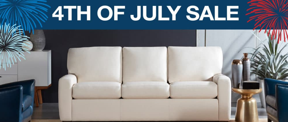July 4th Sales banner with fireworks and patriotic decorations