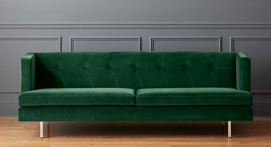 CB2 Avec Emerald Green Velvet Sofa - luxurious and stylish seating option in vibrant green velvet fabric