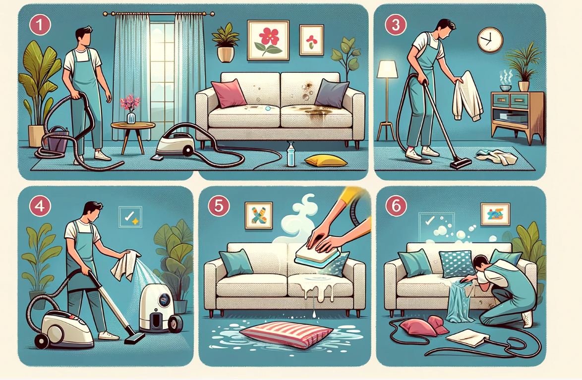 Image showing the best way to clean couch fabric using a vacuum cleaner and upholstery cleaner