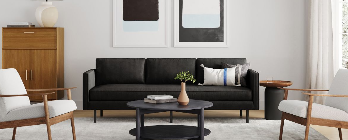 West Elm Axel Leather Sofa in modern living room setting